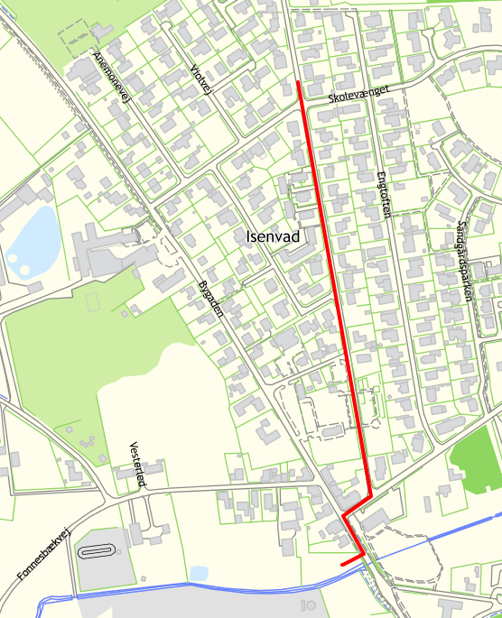 Kort over kloakarbejde på Hanningvej i Isenvad - Ikast-Brande Spildevand 2020 